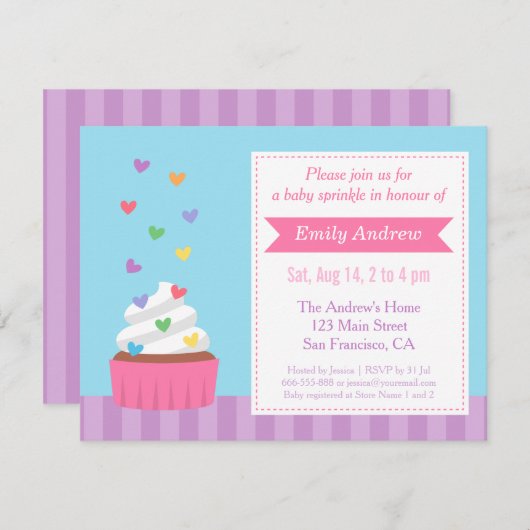 Invitation Coeurs Rainbow moderne Cupcake Baby Sprinkle Douch (Devant / Derrière)