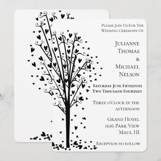 Invitation Coeurs romantiques chic Mariage d'arbre (Devant / Derrière)