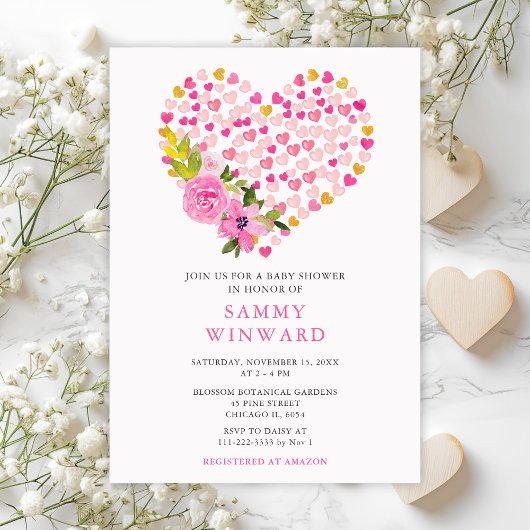 Invitation Coeurs rose et or Baby shower Valentine