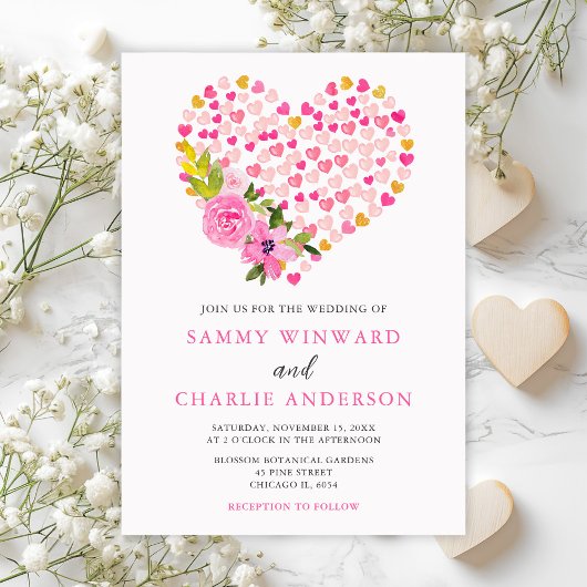 Invitation Coeurs rose et or Valentine Mariage
