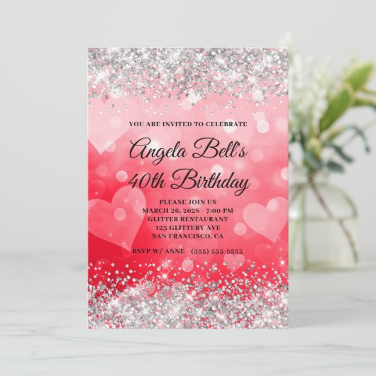 Invitation Coeurs rose et rouge Parties scintillant d'argent  (Debout devant)