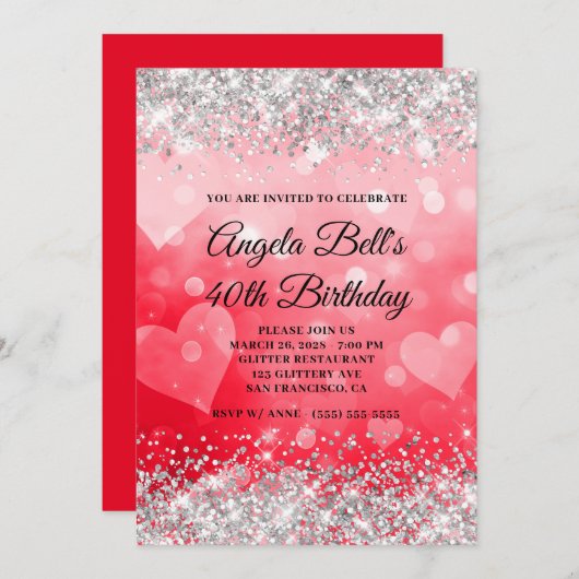 Invitation Coeurs rose et rouge Parties scintillant d'argent  (Devant / Derrière)
