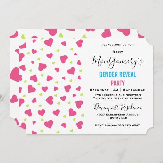 Invitation Coeurs rose et vert mignon Motif Genre Revela (Devant / Derrière)