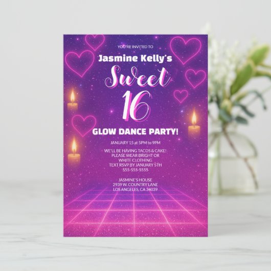 Invitation Coeurs rose et violet Fleur de fête douce 16 (Debout devant)