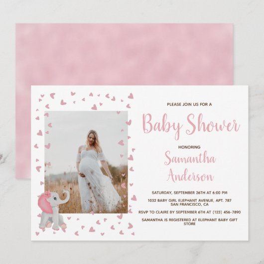 Invitation Coeurs rose vif Elephant Baby shower photo (Devant / Derrière)