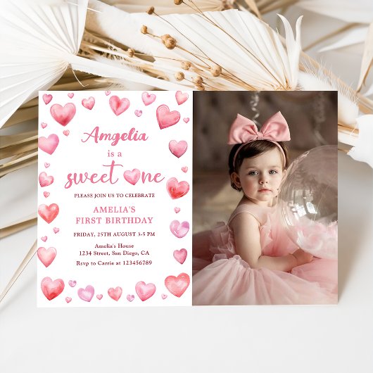 Invitation Coeurs roses doux Un Valentin 1er anniversaire Pho