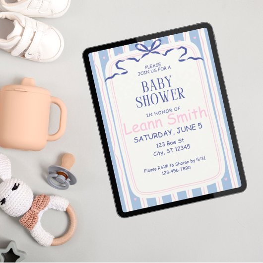 Invitation Coeurs roses et Baby shower Blue Bows