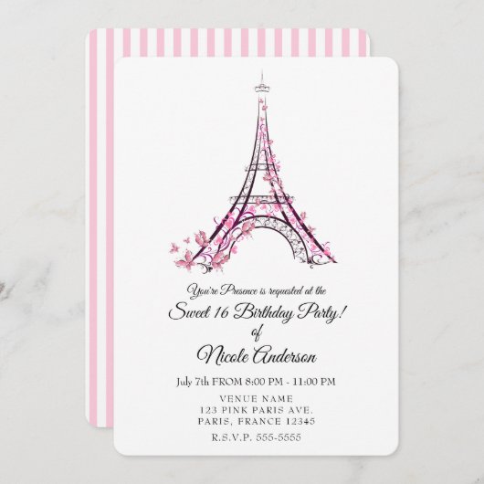 Invitation Cœurs roses et papillons Paris Tour Eiffel Fête (Devant / Derrière)