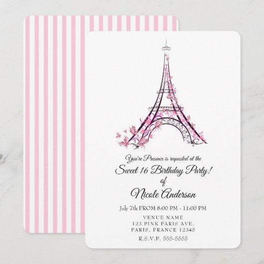 Invitation Cœurs roses et papillons Soirée à Paris Tour Eiffe (Devant / Derrière)