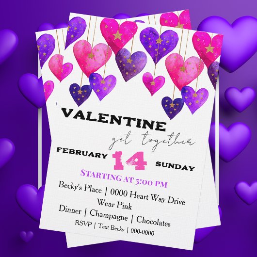 Invitation Cœurs roses et violets pour la Saint-Valentin