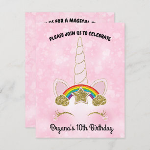 Invitation Coeurs roses Or arc-en-ciel étoile Unicorn Horn vi