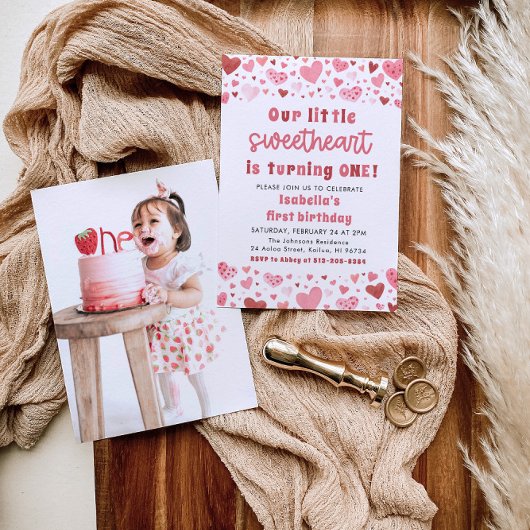 Invitation Coeurs roses Petite amoureuse Photo Premier annive