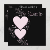 Invitation Coeurs roses Rose Noir Doux 16 Anniversaire (Devant / Derrière)