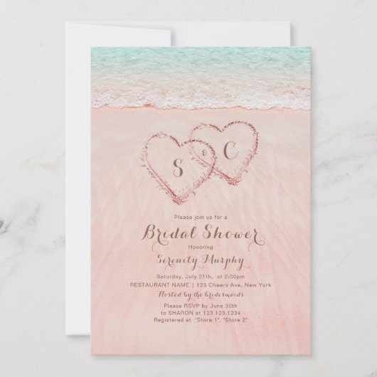 Invitation Cœurs roses sur la plage dans le sable pour la dou (Devant)