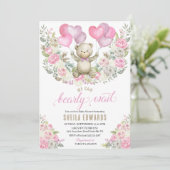 Invitation Coeurs roses Teddy Bear Balloons Baby shower (Debout devant)