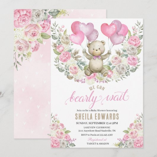 Invitation Coeurs roses Teddy Bear Balloons Baby shower (Devant / Derrière)