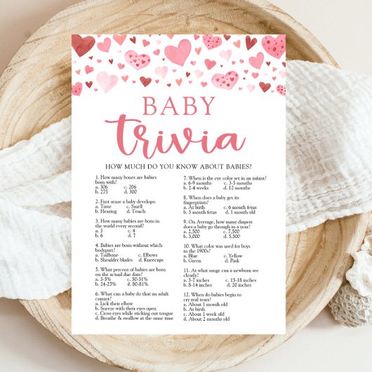 Invitation Coeurs roses Valentine Baby Trivia Baby shower Jeu