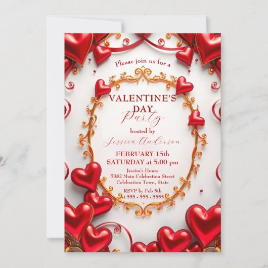 Invitation Coeurs rouges et perruques d'or Saint-Valentin (Devant)