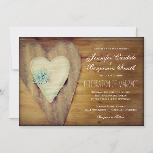 Invitation Coeurs rustiques Grange Mariage campagnard Invitat (Devant)