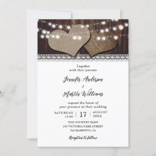 Invitation Coeurs rustiques Lumières à cordes dentelle grange
