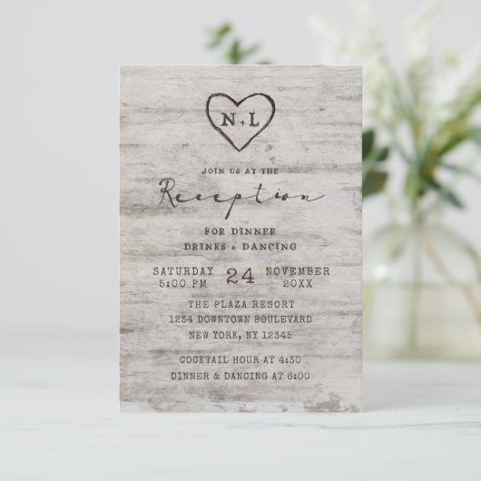 Invitation Cœurs sculptés Réception de mariage rustique en bo (Debout devant)