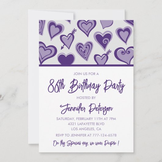 Invitation Cœurs violets Filleul 86e anniversaire (Devant)