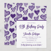 Invitation Cœurs violets Filleul 98e anniversaire (Devant / Derrière)