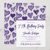 Invitation Cœurs violets Filleulage 77e anniversaire (Devant / Derrière)
