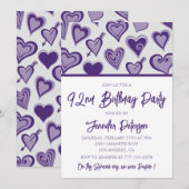 Invitation Cœurs violets Filleulage 92e anniversaire (Devant / Derrière)