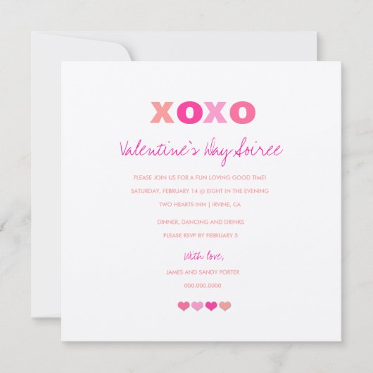 Invitation Coeurs XOXO métalliques dans une rangée (Devant)