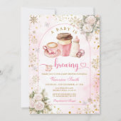 Invitation Coffee A Baby is Brewing Pink Bow Baby Shower Gold (Devant)