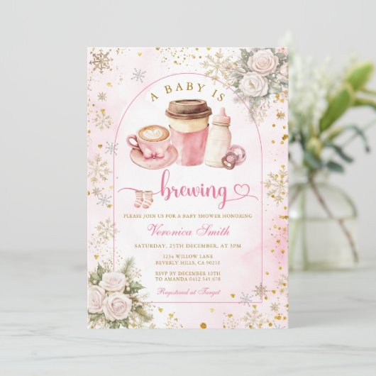 Invitation Coffee A Baby is Brewing Pink Bow Baby Shower Gold (Debout devant)