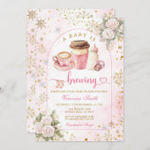 Invitation Coffee A Baby is Brewing Pink Bow Baby Shower Gold (Devant / Derrière)