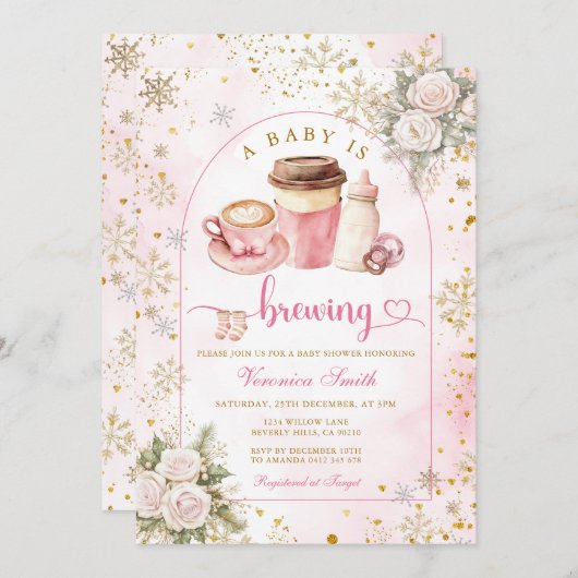 Invitation Coffee A Baby is Brewing Pink Bow Baby Shower Gold (Devant / Derrière)