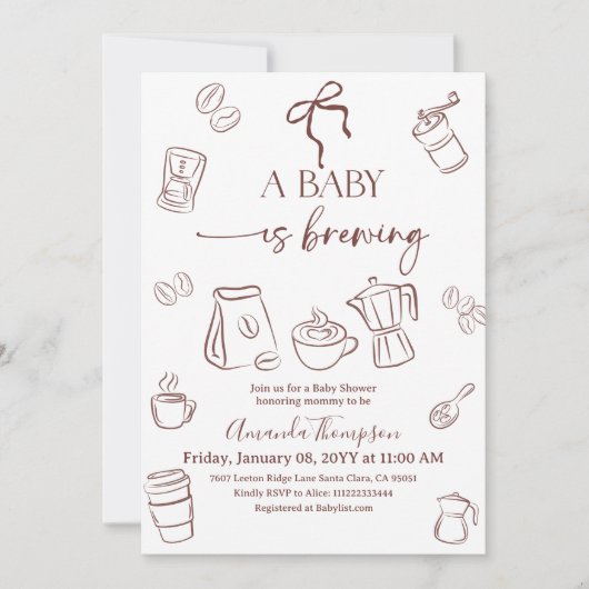Invitation Coffee Theme Beige Bow Baby is Brewing Baby Shower (Devant)
