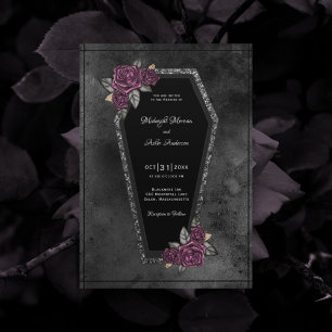 Invitation Coffin Black Grey Roses Sparkle Halloween Wedding 