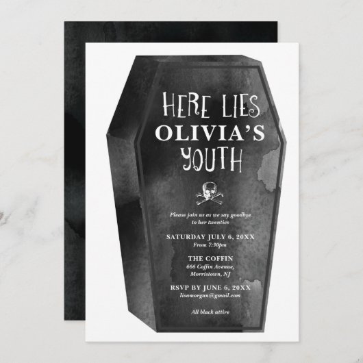 Invitation Coffin Party Ci-gît ma jeunesse (Devant / Derrière)