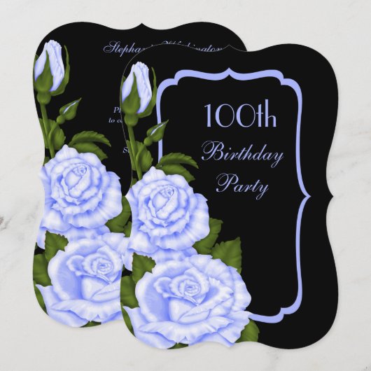 Invitation Coin chic Fleurs Bleues 100e Anniversaire (Devant / Derrière)