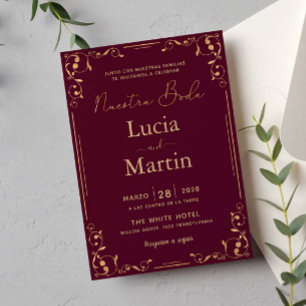 Invitation Coin d'ornement doré Rouge Espagnol Notre Mariage