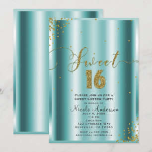 Invitation Coins de confettis aqua et or SWEET 16 Seize