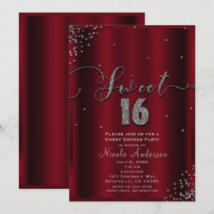 Invitation Coins de confettis rouges et argentés SWEET 16 Sei