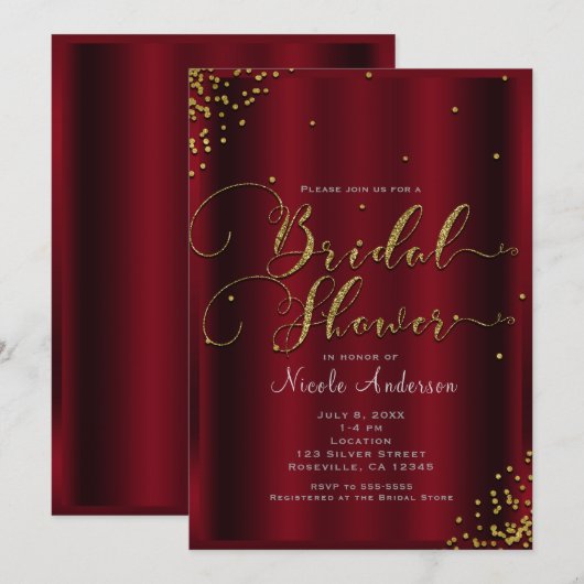 Invitation Coins de confettis rouges et or gras pour douche d (Devant / Derrière)