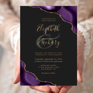 Invitation Coins de Noces de Mariage Foncé Agate Or Violet