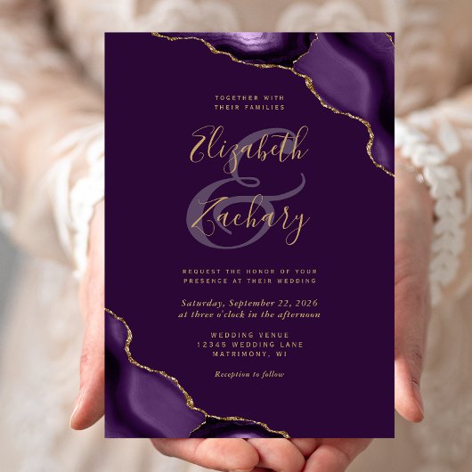 Invitation Coins de Noces Mariage Agate Or Violet
