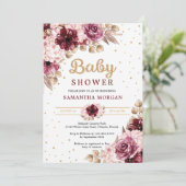 Invitation Coins floraux roses bordeaux or fille baby shower (Debout devant)