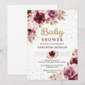 Invitation Coins floraux roses bordeaux or fille baby shower (Devant / Derrière)