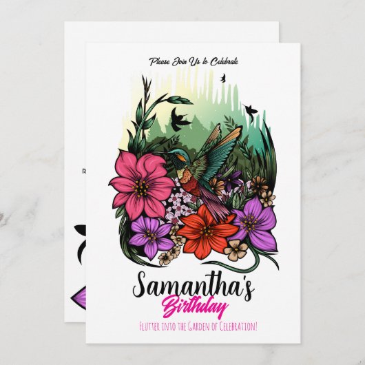 Invitation Colibri en fleurs - Anniversaire floral élégant (Devant / Derrière)