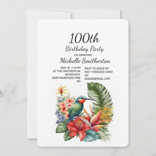 Invitation Colibri floral tropical 100e anniversaire (Devant)