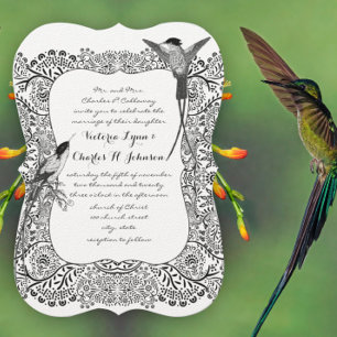 Invitation Colibri romantique motif noir et blanc