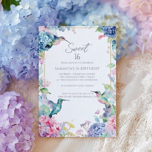 Invitation Colibris fantaisistes avec des Hydrangeas pour un